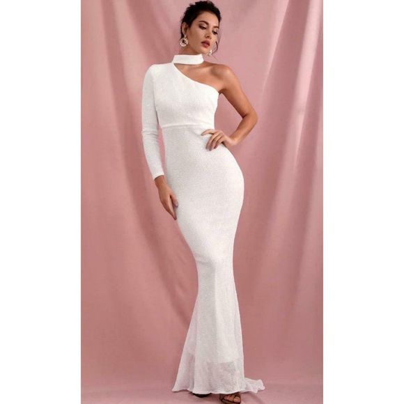White Sequin Long Sleeve One Shoulder Mock Neck Bodycon Mermaid Maxi Dress NWT - Picture 2 of 8